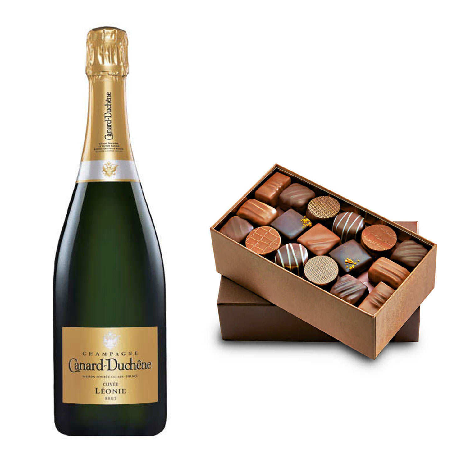 Ballotin premium de chocolats et Champagne Canard Duchêne