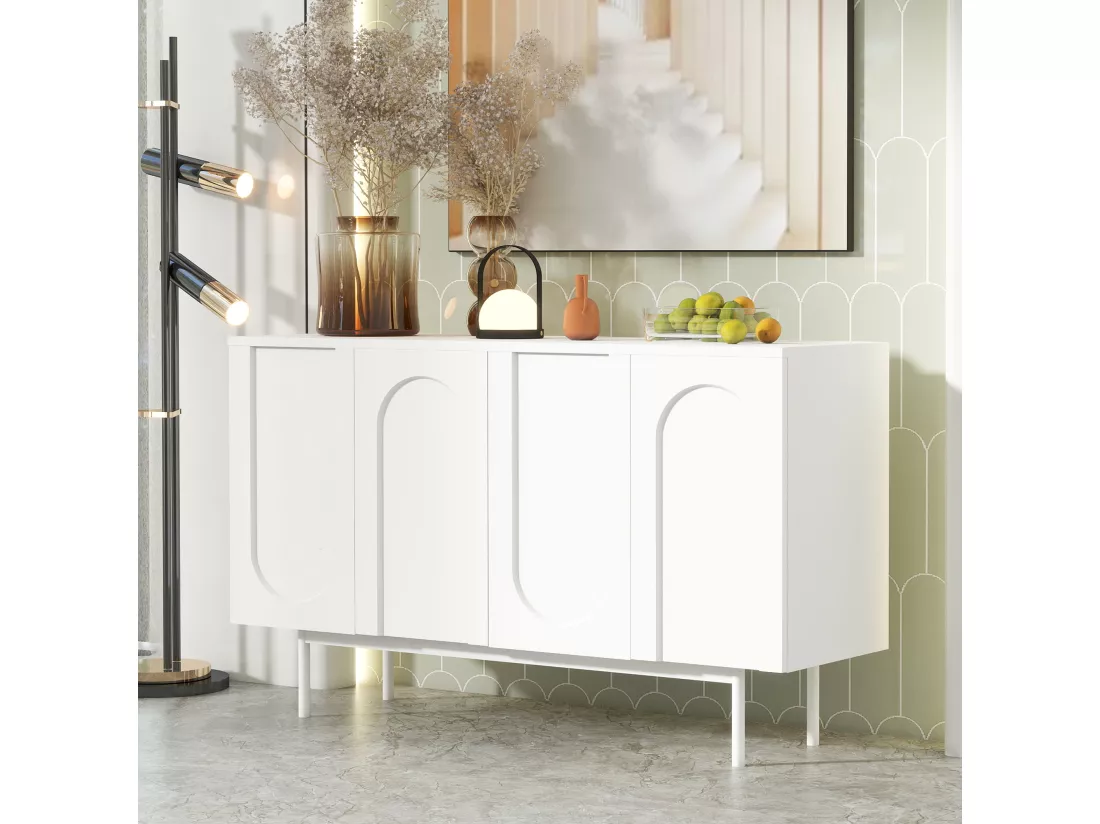 Buffet moderne avec 4 portes - 140 x 42 x 80 cm - bois MDF - coloris blanc