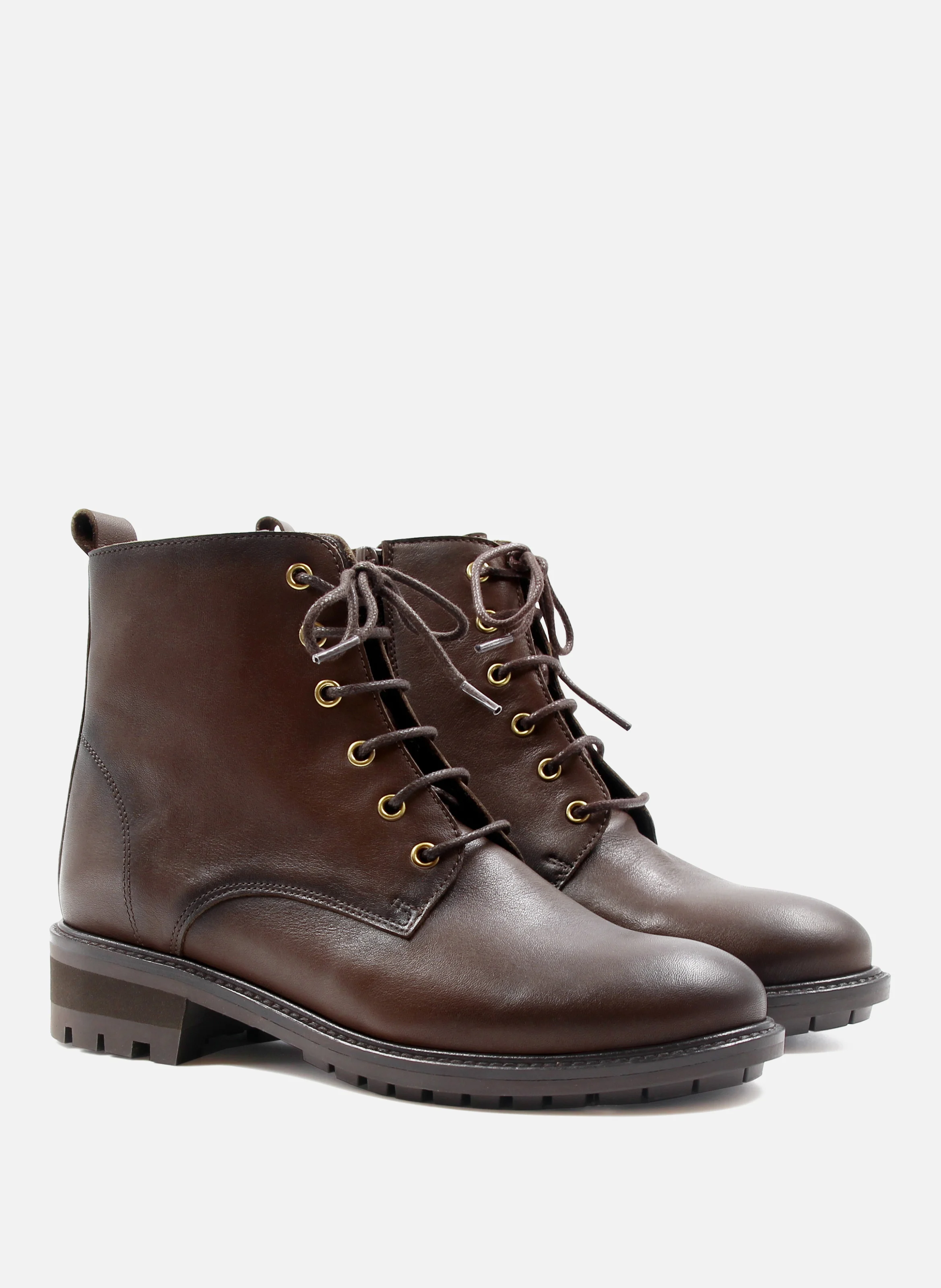 Bottines plates à lacet cuir lisse | Marron