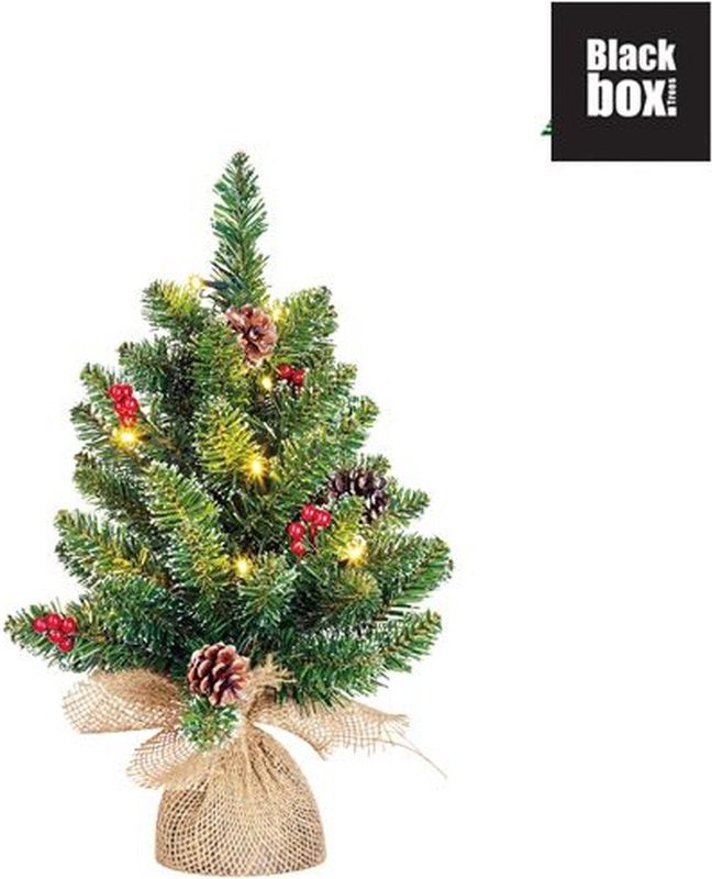 Black Box mini kunstkerstboom Creston met versiering met 15 lampjes warm wit op jute voet D 35 H 45