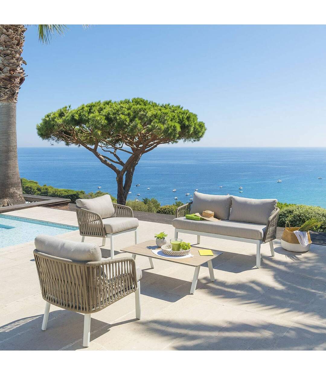 Salon de jardin Barcelone - 4 Places - Marron tonka et blanc