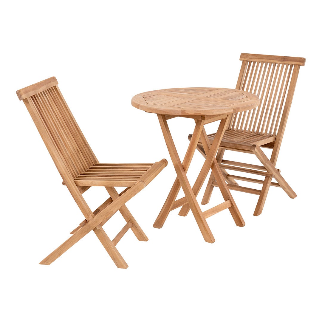 Oviedo tuinset: eettafel Ø70cm, natuurlijke afwerking, en 2 Toledo stoelen, natuurlijke afwerking. 70 x 70 x 75 cm