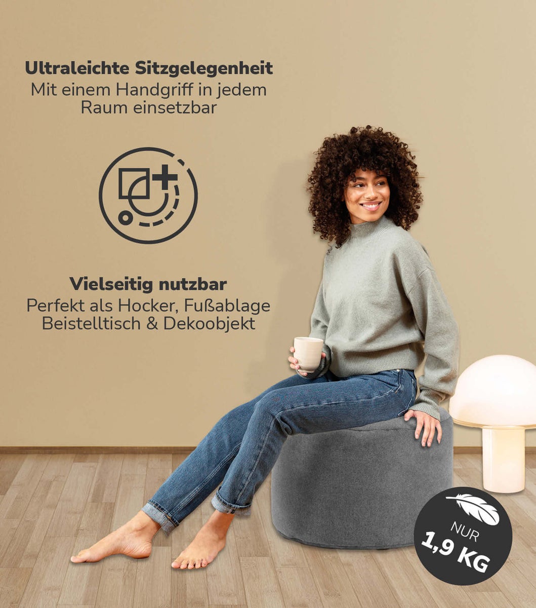 mokebo Poef, kruk of vloerkussen 'The Relaxing Pouf' Ronde zitkruk en voetenbank voor de woonkamer, lichtgewicht stoffen zitpoef in antraciet