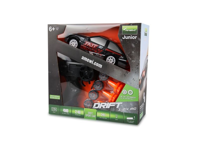 Amewi Drift Sport Car 4WD Schwarz, RTR, 1:24 Ferngesteuertes Drift-Auto für Kinder ab 6 Jahren