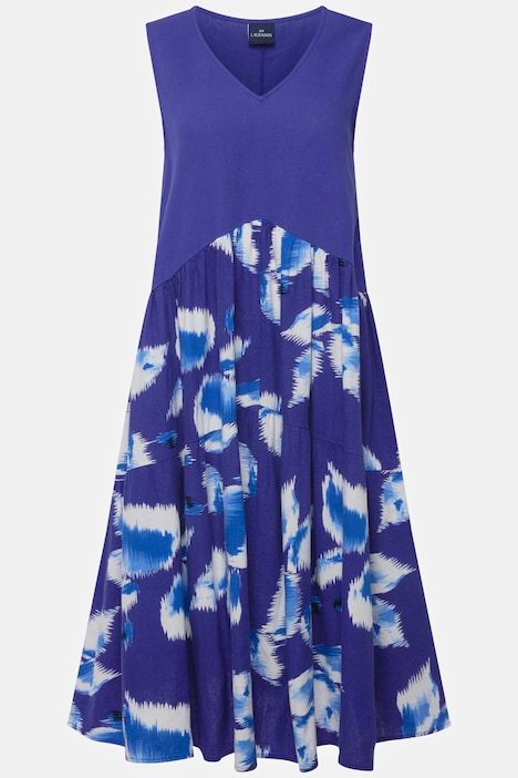 Leinenmix-Kleid, V-Ausschnitt, Rock mit Print, ärmellos