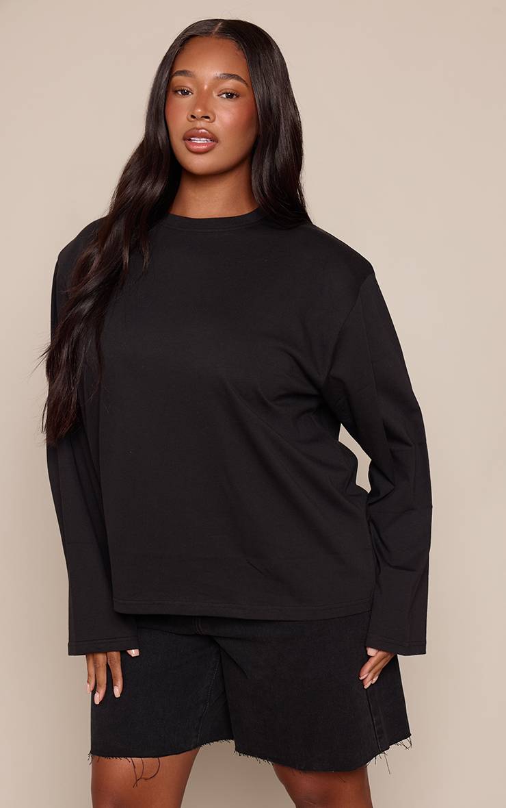 Noir T-shirt Grande Taille En Coton À Manches Longues Avec Épaulettes Et Coupe Oversize