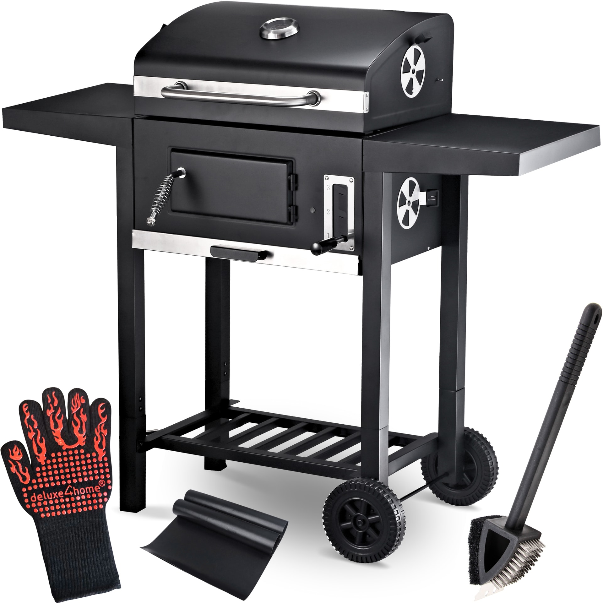 deluxe4home Holzkohlegrill GRILLWAGEN XXL 105 x 50 cm schwarz