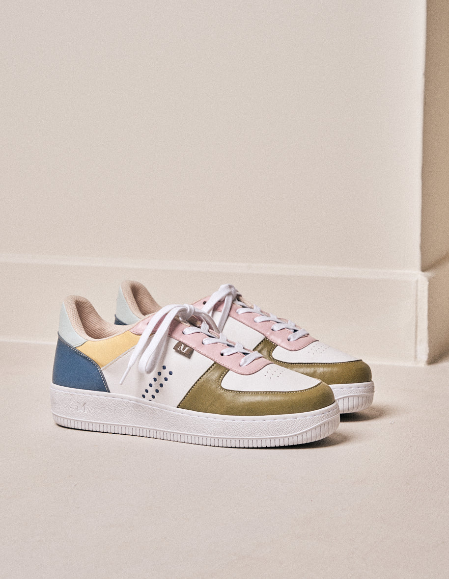 Baskets basses Maxence F - Cuir olive blanc rose clair