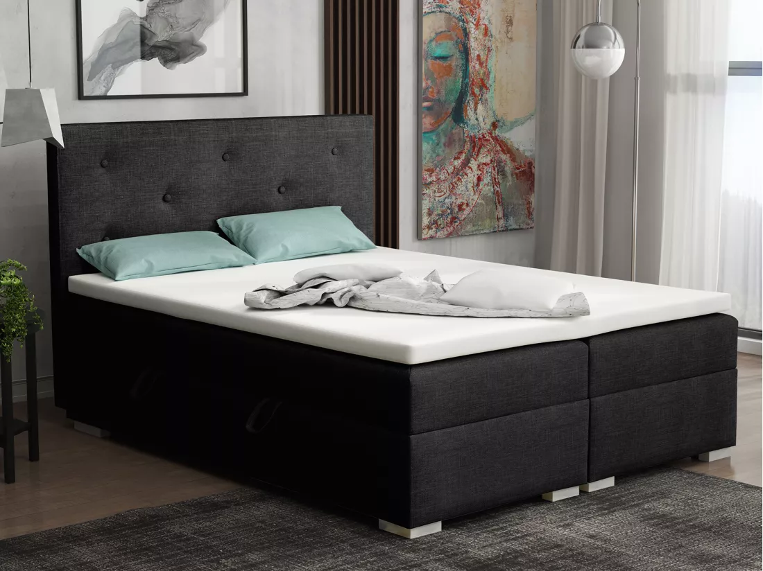 Lit Boxspring avec tiroirs de lit, Coffre de lit Topper Atlanta 180x200 cm, Lux 23 (Noir)