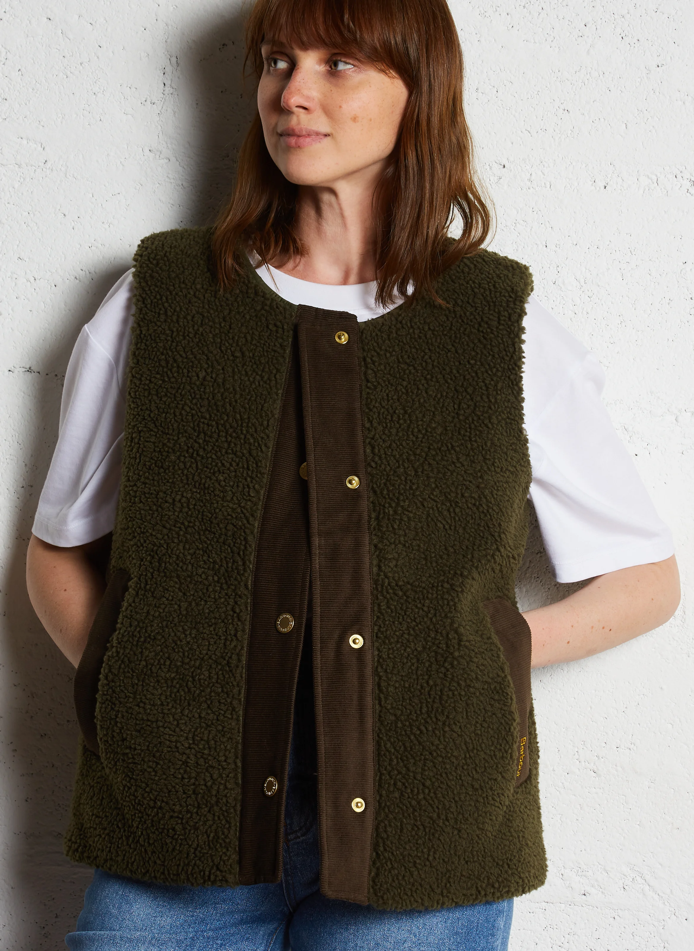 DULSIE - Gilet col rond en fourrure teddy | Kaki