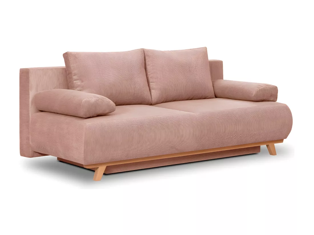 Canapé convertible 3 places avec coffre de rangement en velours fines côtes rose pâle - Laria