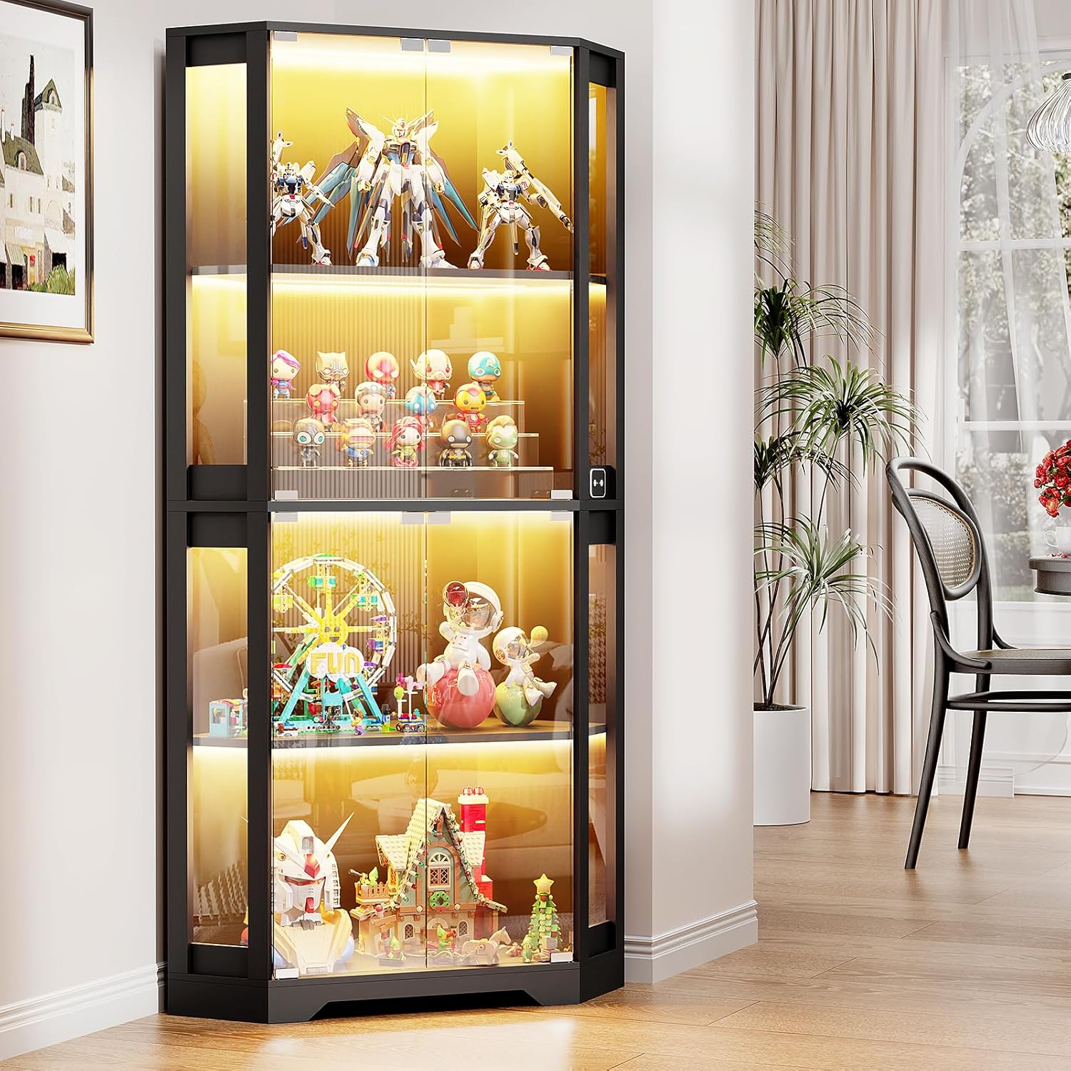Eckvitrine mit Glastüren, Tall 165cm Eck Bücherregal mit 3 Farben Led Beleuchtung, 4-Ebenen Vitrinenschrank mit Intelligente Sensorik für Wohnzimmer Schlafzimmer Büro, Schwarz