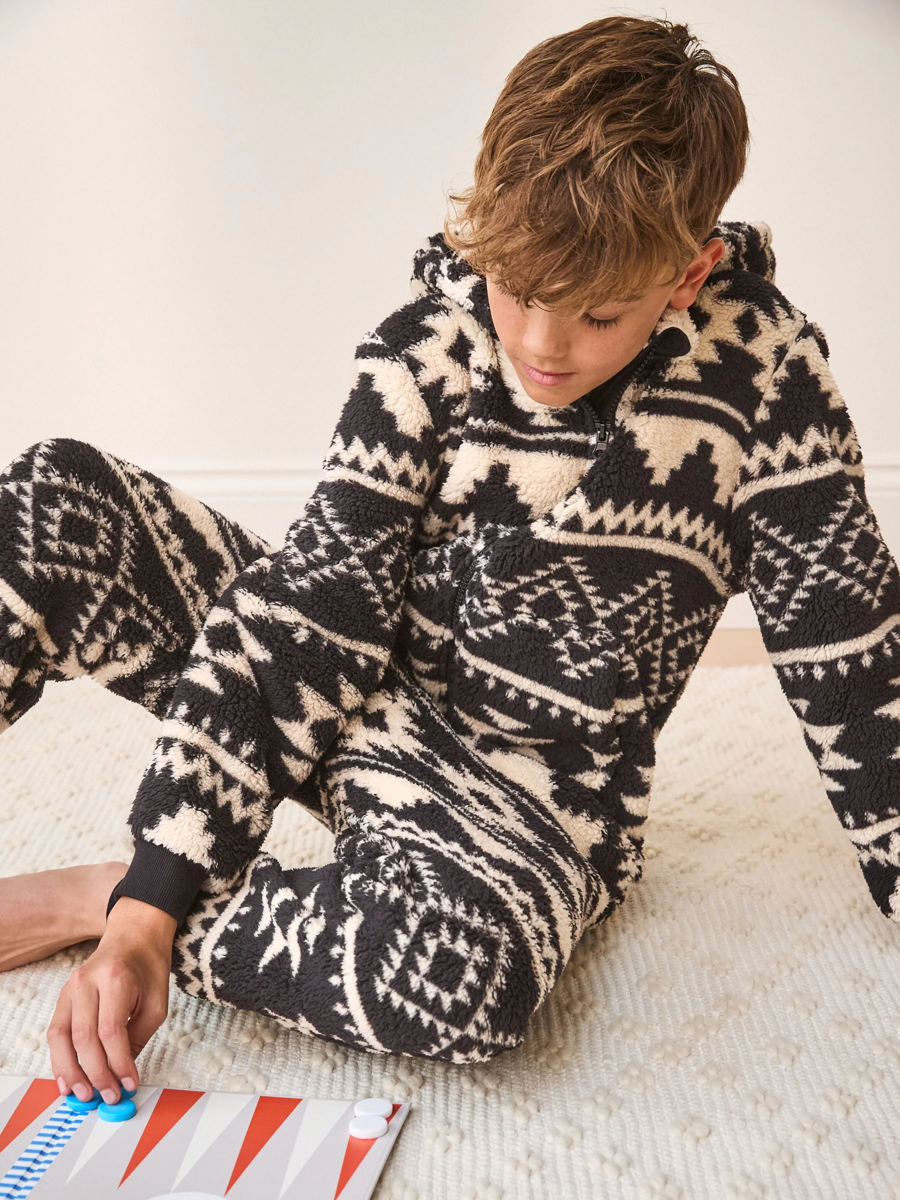 Zwart/ecru Aztekenprint - Fleece onesie (3-16 jr)
