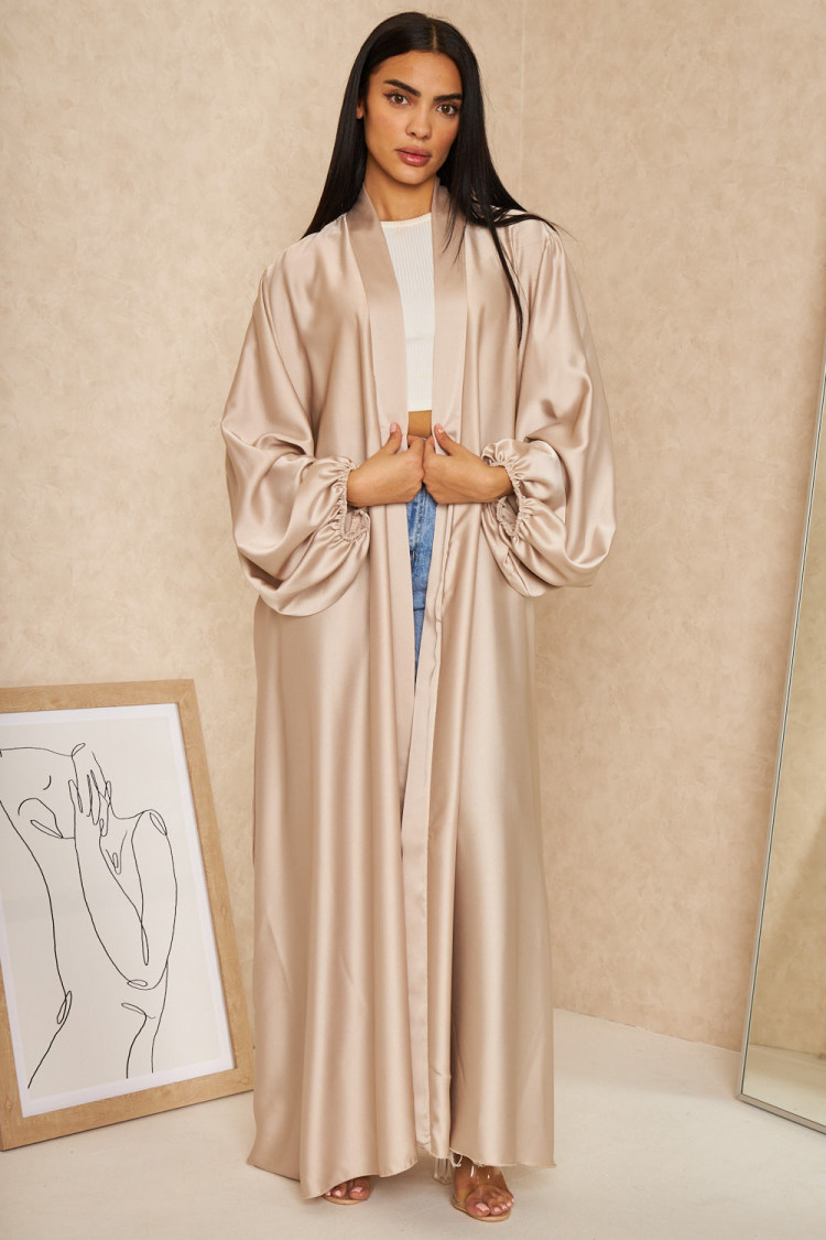 Kimono long satiné ceinturé beige