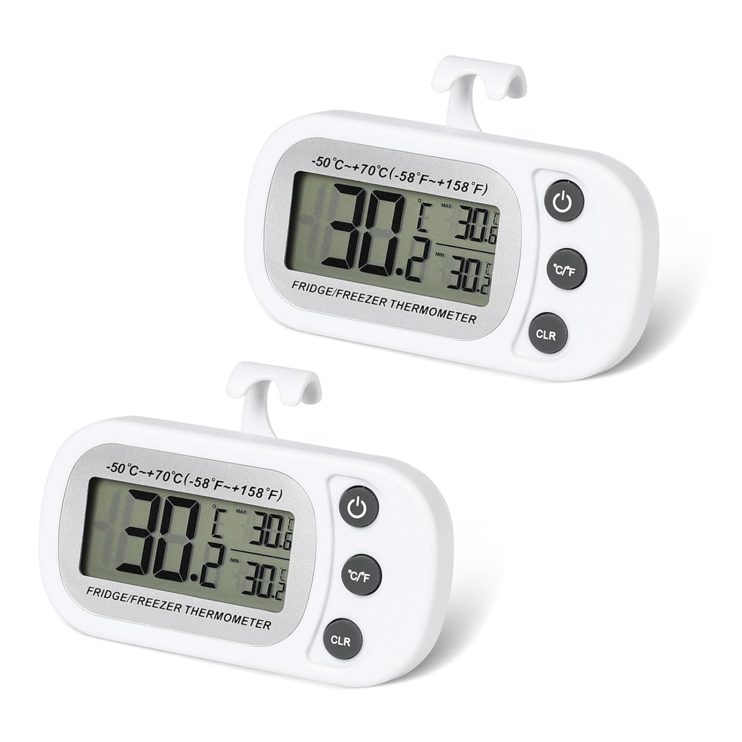 2 Stück Kühlschrank Thermometer Max/Min Funktiony, Gefrierschrank Thermometer LCD Display, Digitales Kühlschrankthermometer mit Haken & Magnet, Küchenthermometer für Zuhause Restaurants Cafés