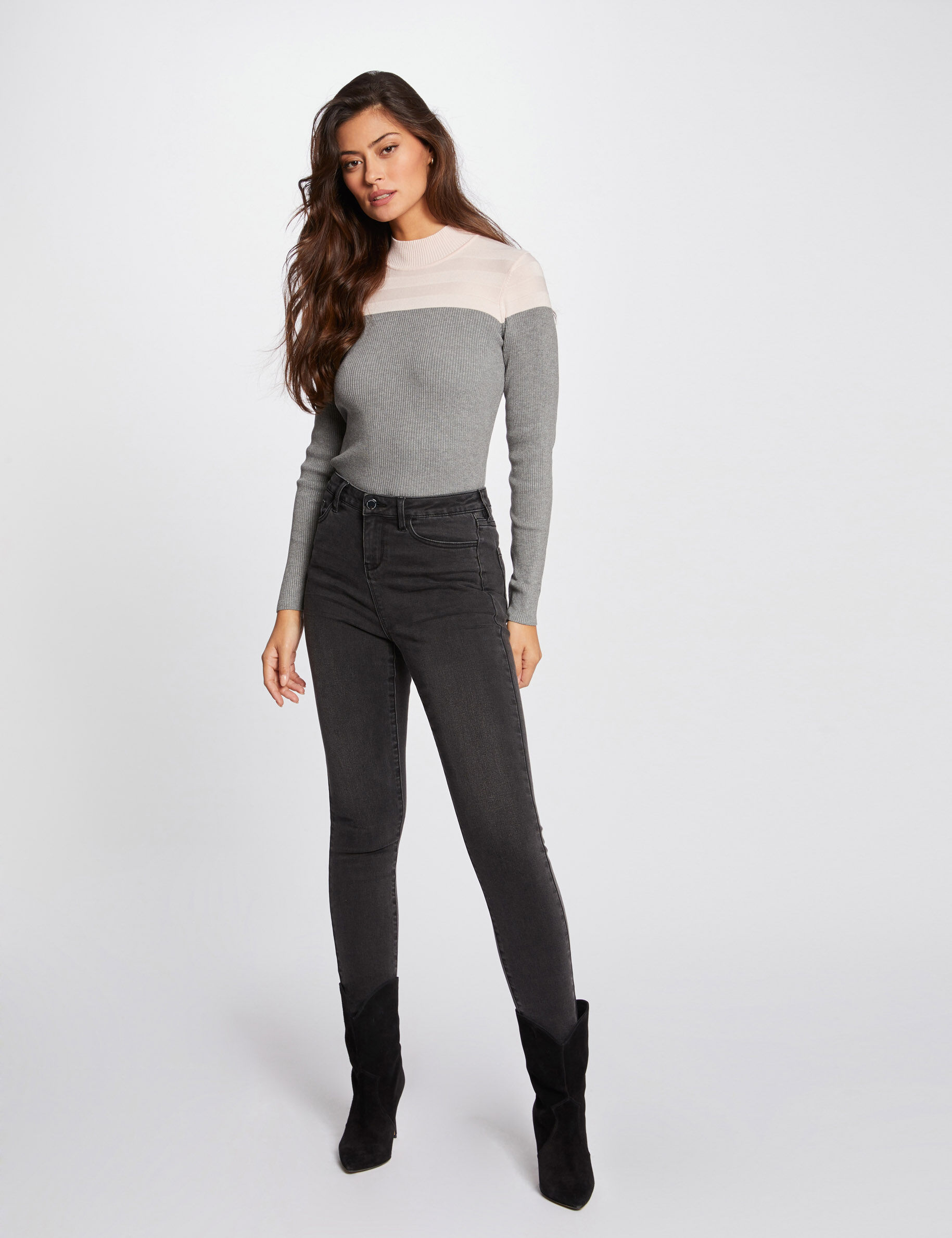 Pull manches longues col montant rose pale femme - rose_pale