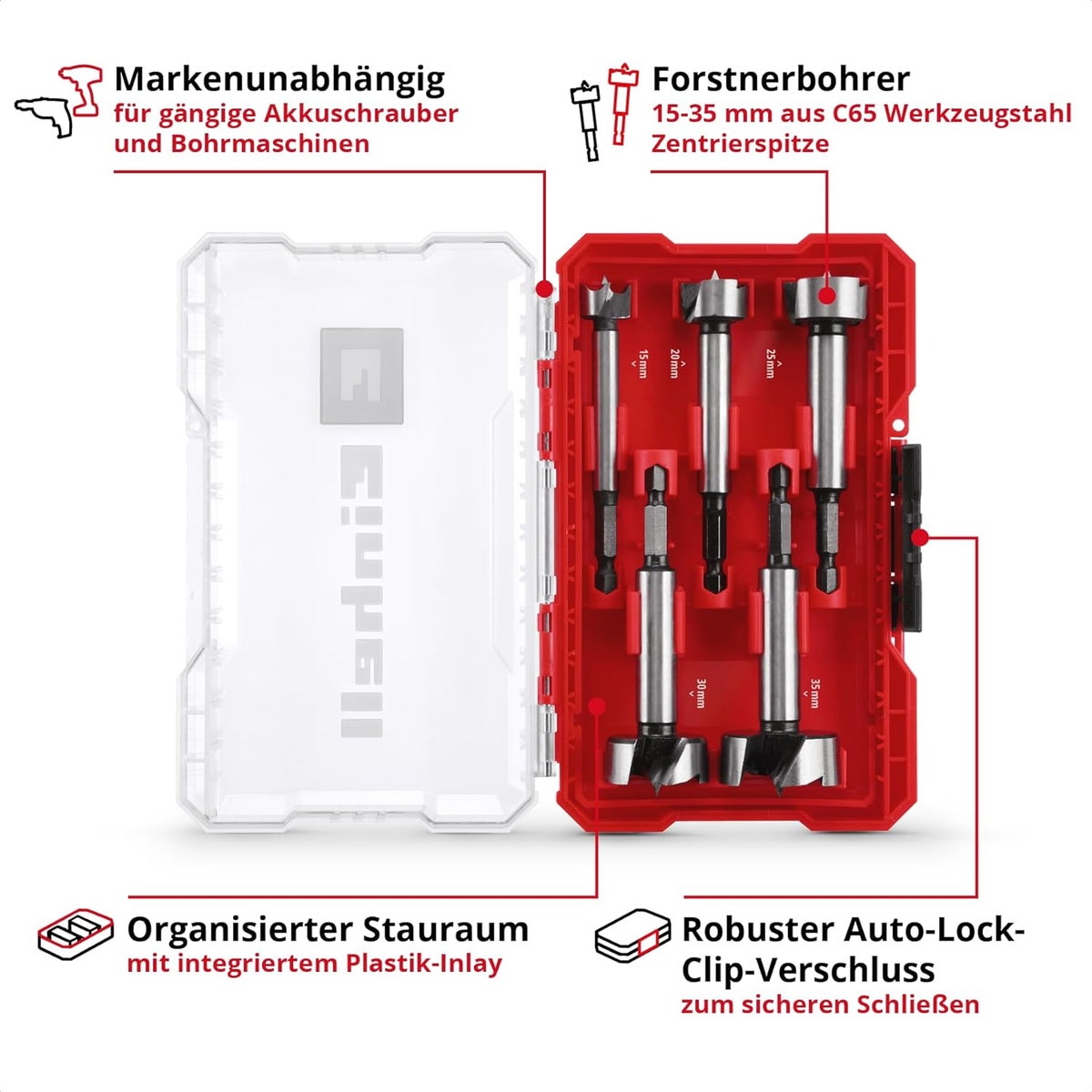 Originele Einhell M-CASE 5-delige Forstnerboorset (gemaakt van C65-staal, E 6.3-schacht, beitelrand, centreerpunt, conische kopvorm, 4-zijdig gesloten voorsnijrand inclusief opbergdoos)