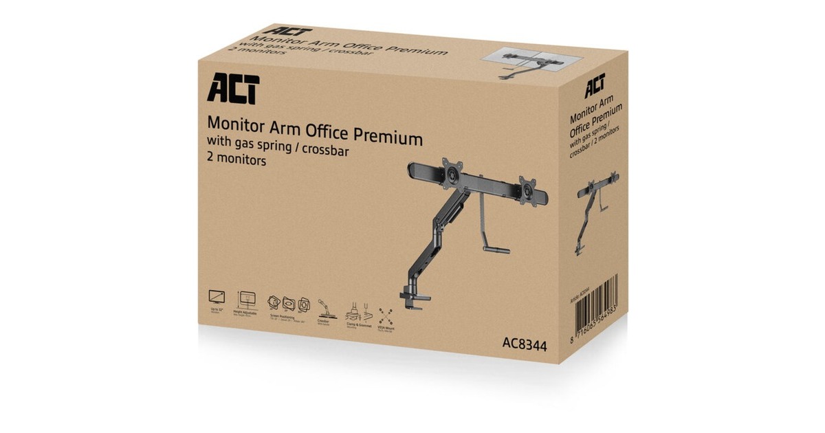 ACT ConnectivityMonitorarm office premium, gasveer, crossbar, 2 monitoren  (Zwart)