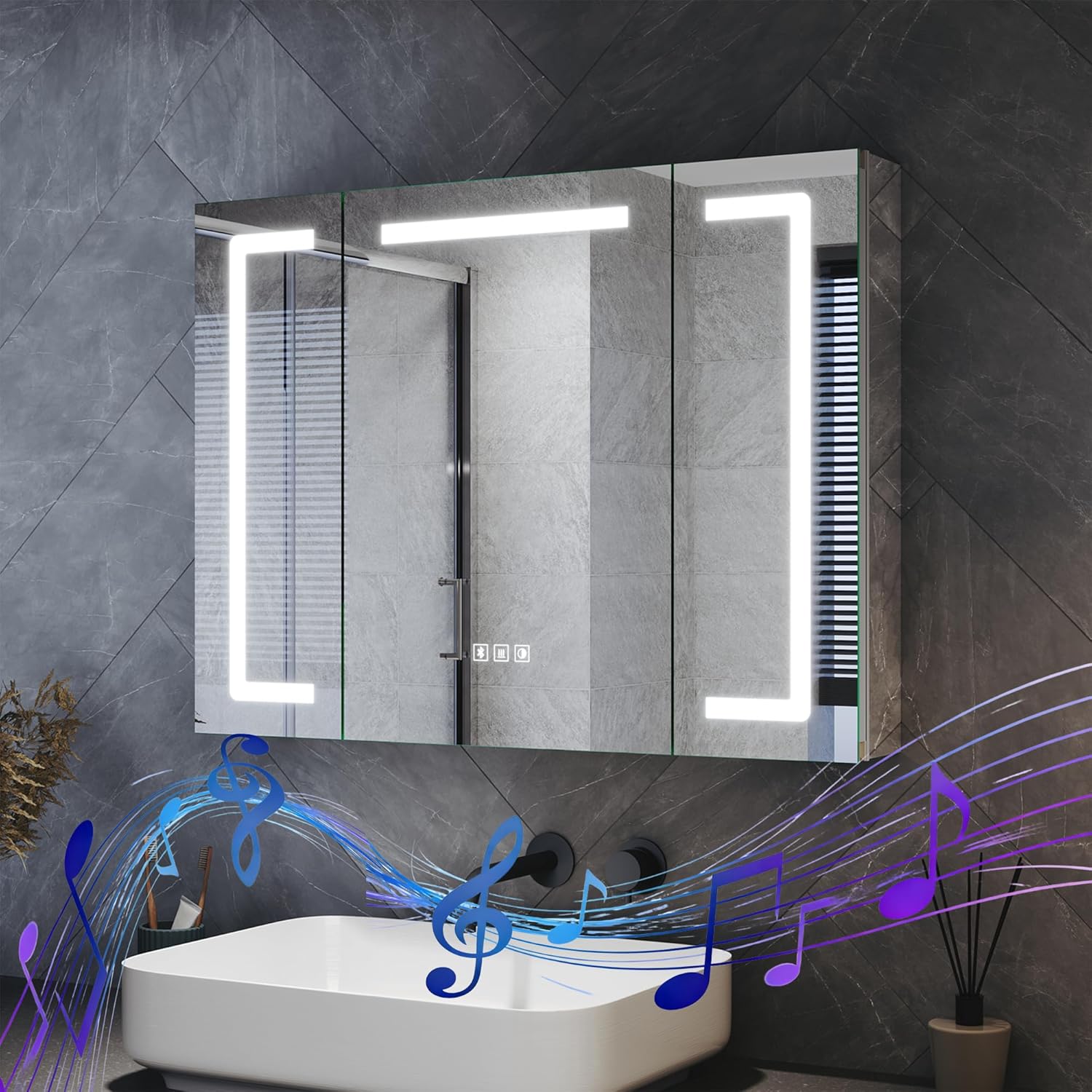 Spiegelschrank Bad mit Beleuchtung 80x60x12,5cm LED Spiegelschrank mit Dimmbar, Verstellbare Glasablage, mit Bluetooth, Touchschalter und Steckdose, Beschlagfrei, Aluminium Badschrank, Siber