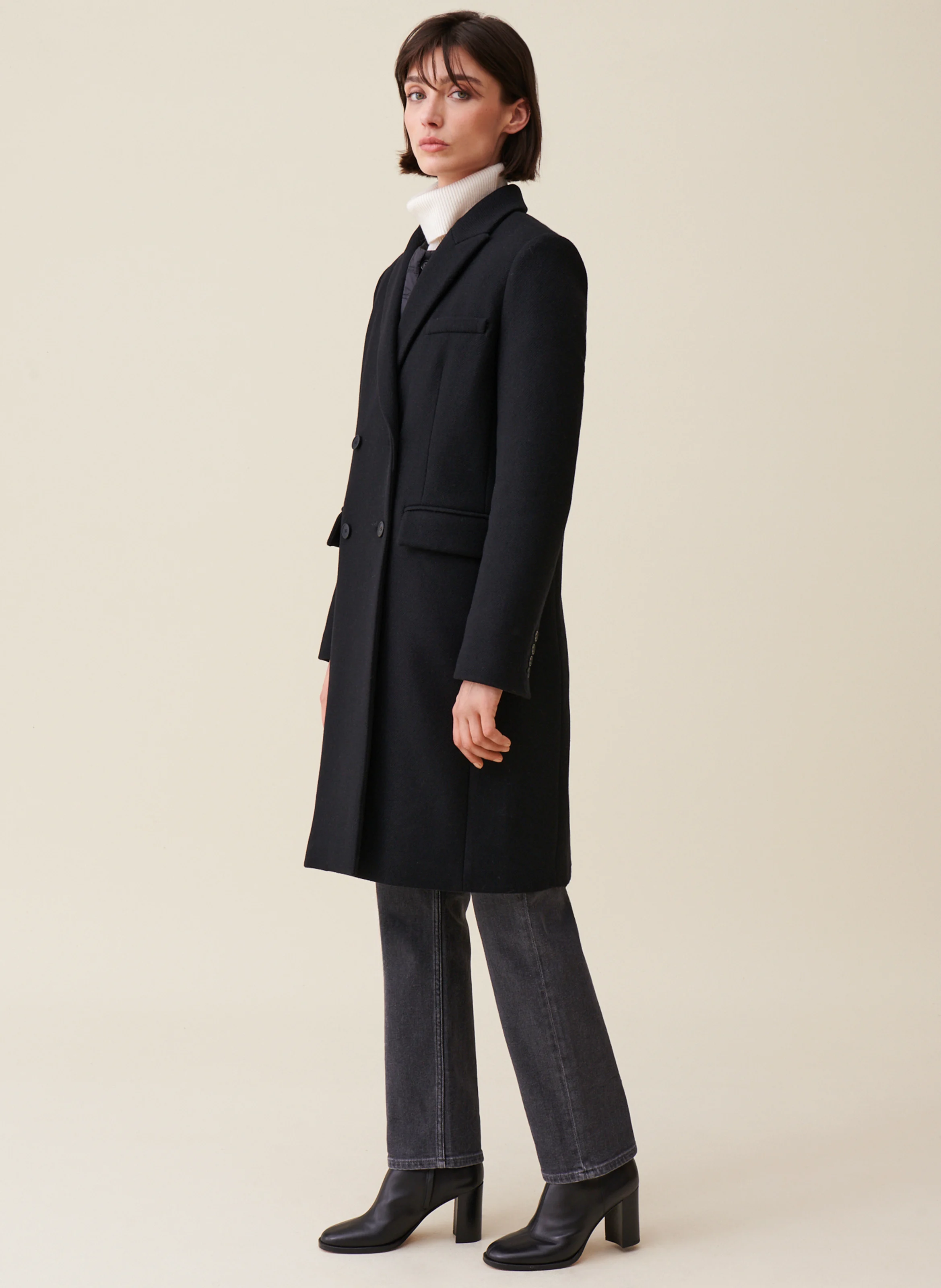 Manteau droit en laine mélangée | Noir
