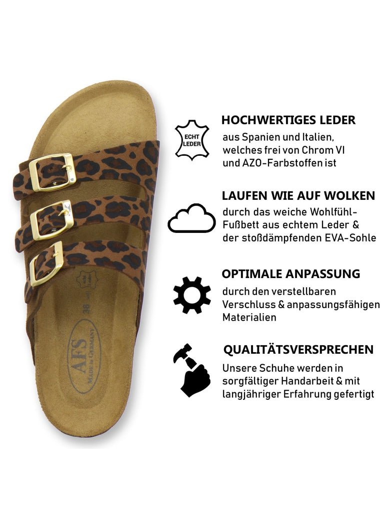 Pantoletten Damen Dreischnaller leo-braun