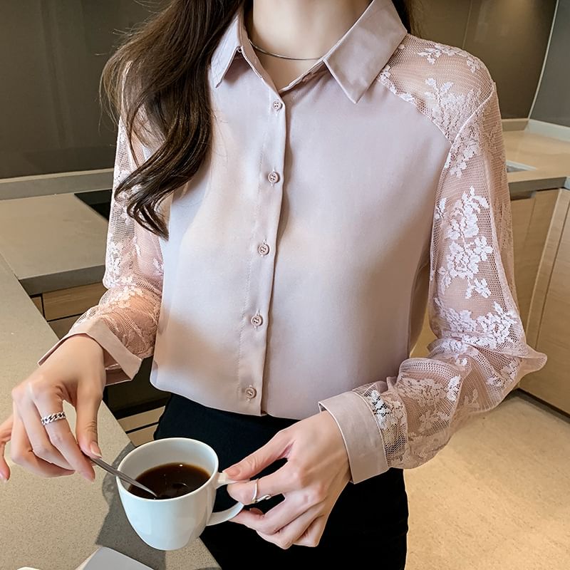 Coline - Shirt met lange mouwen en bloemenkant