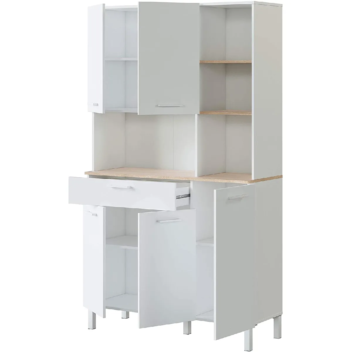 pegane Buffet cuisine 5 portes 1 tiroir - Blanc/Chêne