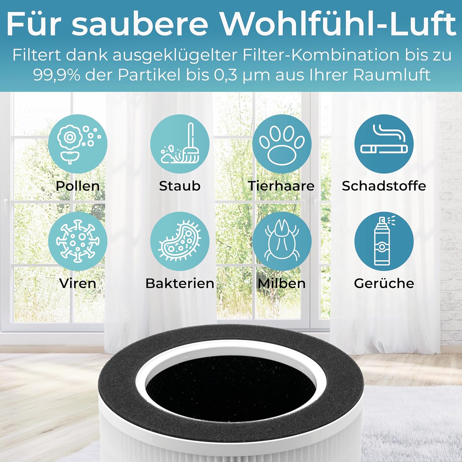KLAMER Luftreiniger 300i mit HEPA Filter, CADR Spitzenleistung von 220 m³/h, für Räume bis 50m², entfernt bis zu 99,9% Pollen, Staub, Viren und Allergene, 3 Modi inkl. Automatikmodus
