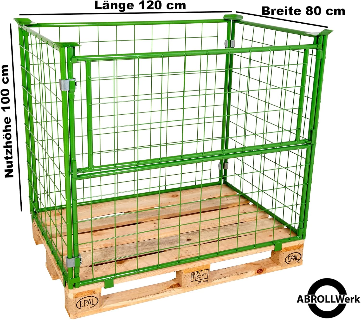 Gitteraufsatzrahmen 1200x800x1000 mm grün lackiert für Euro-Paletten – klappbare Gitterbox 1000 mm Nutzhöhe – Stapelbar für Industrie, Garten & Brennholz – 800 kg Nutzlast