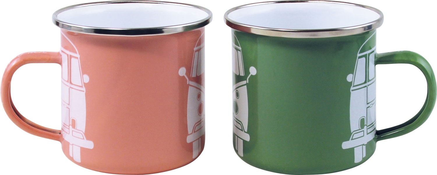 VW Collection T1 Bus Emaille Tassen Set 2 Stück 350 ml Grün / Rosa