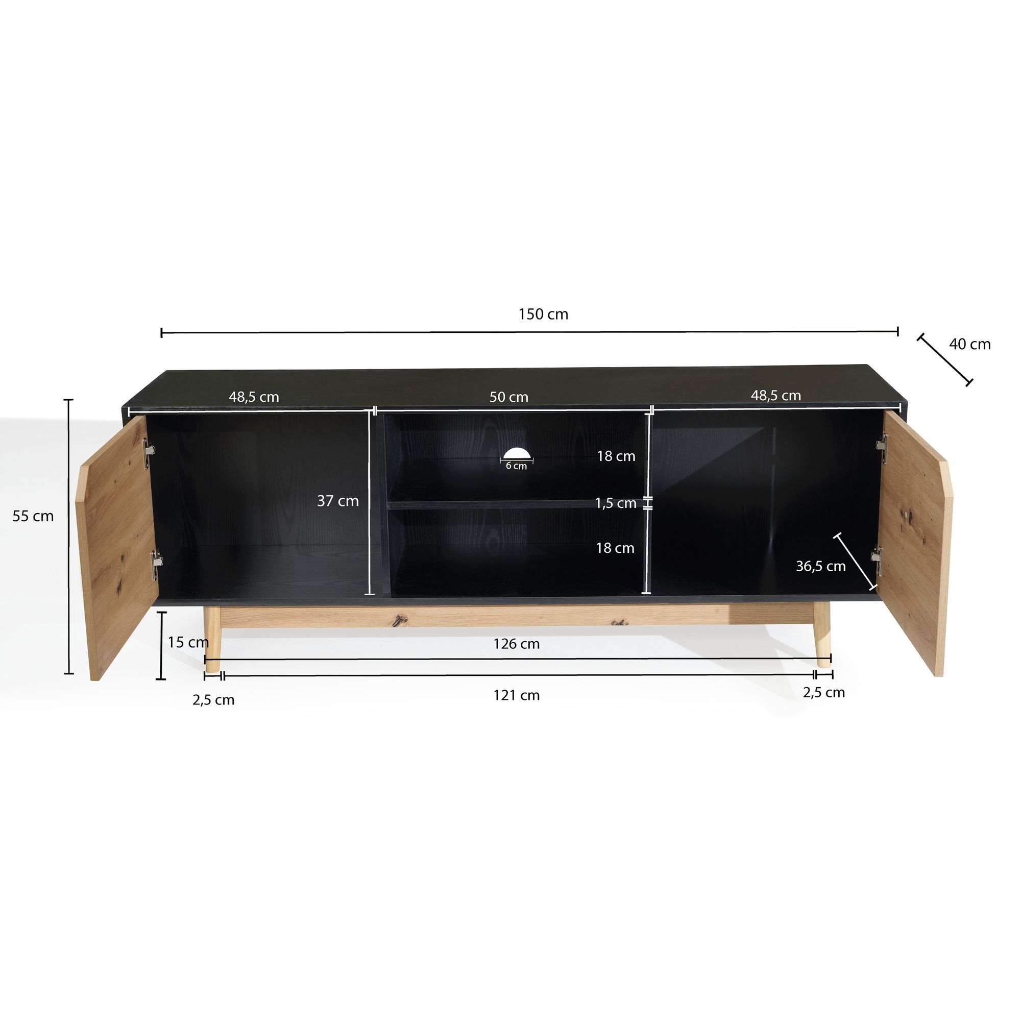 Lowboard FineBuy TV Schrank 150 cm Fernsehkommode Fernsehschrank Schwarz Eiche