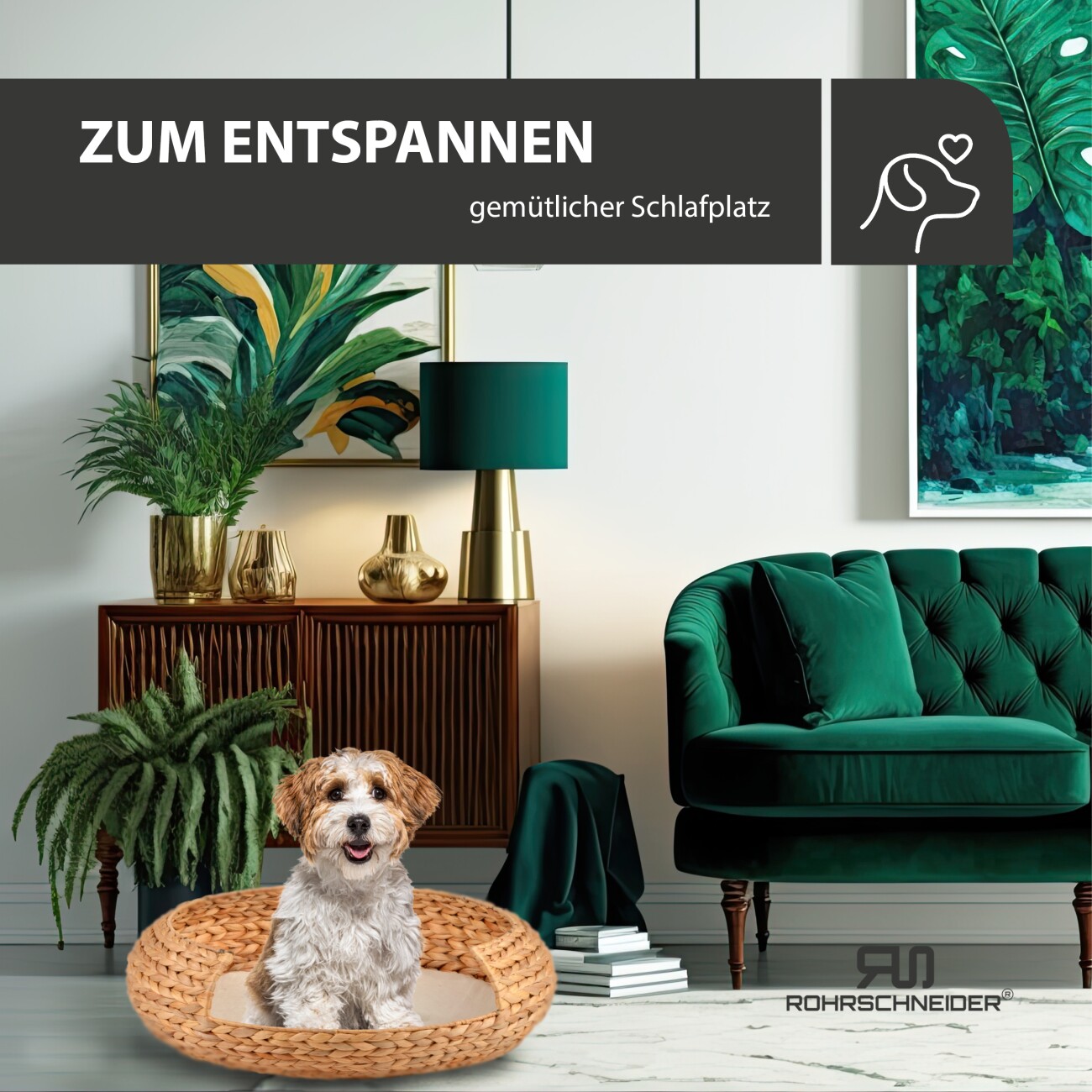Rohrschneider ® runder Hundekorb aus geflochtener Wasserhyazinthe, Hundesofa für kleine, mittelgroße und große Hunde