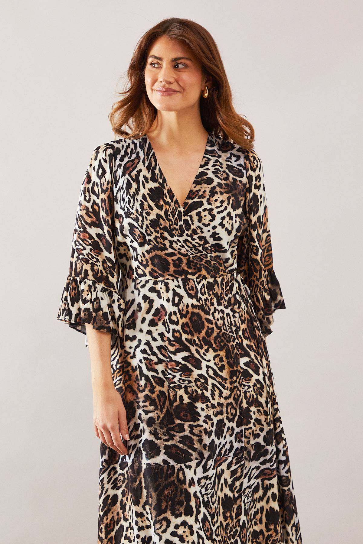 Wallis Robe Midi Portefeuille à Volants Imprimé Léopard