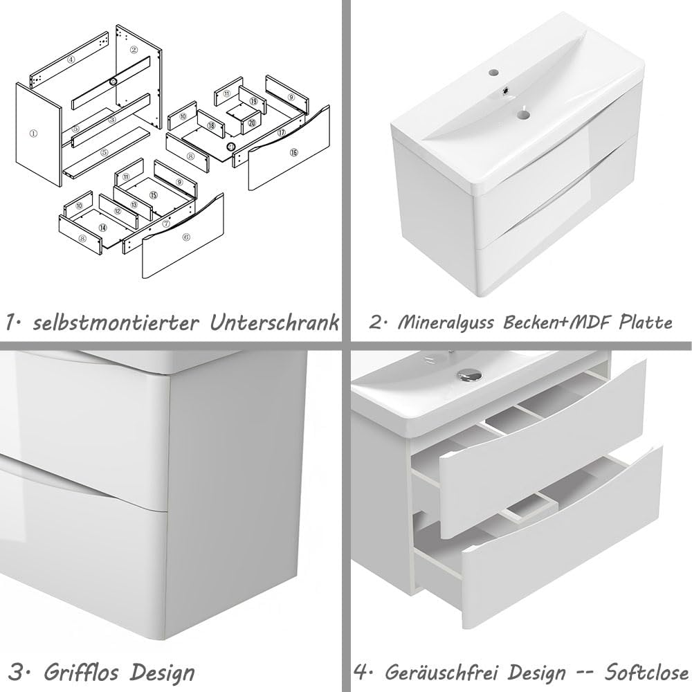 Hochglanz Weiß Badezimmerschrank 80cm Mineralgusswaschbecken mit Unterschrank Badmöbel-Set 2 Soft-Close Schubladen Hängend