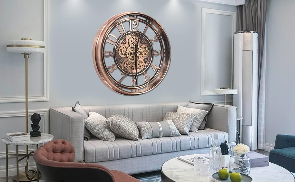 Wanduhr mit echtem Bewegungsgetriebe Zahnrädern, modern, 53,3 cm, industriell Steampunk, groß, Metall,Wanduhr für Wohnzimmer, Dekor, Büro ,Küche, antike Bronze, Kupfer römische oder arabische Ziffern