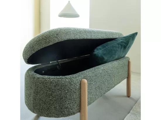 Banc en bois de pin et tissu bouclette vert Calya