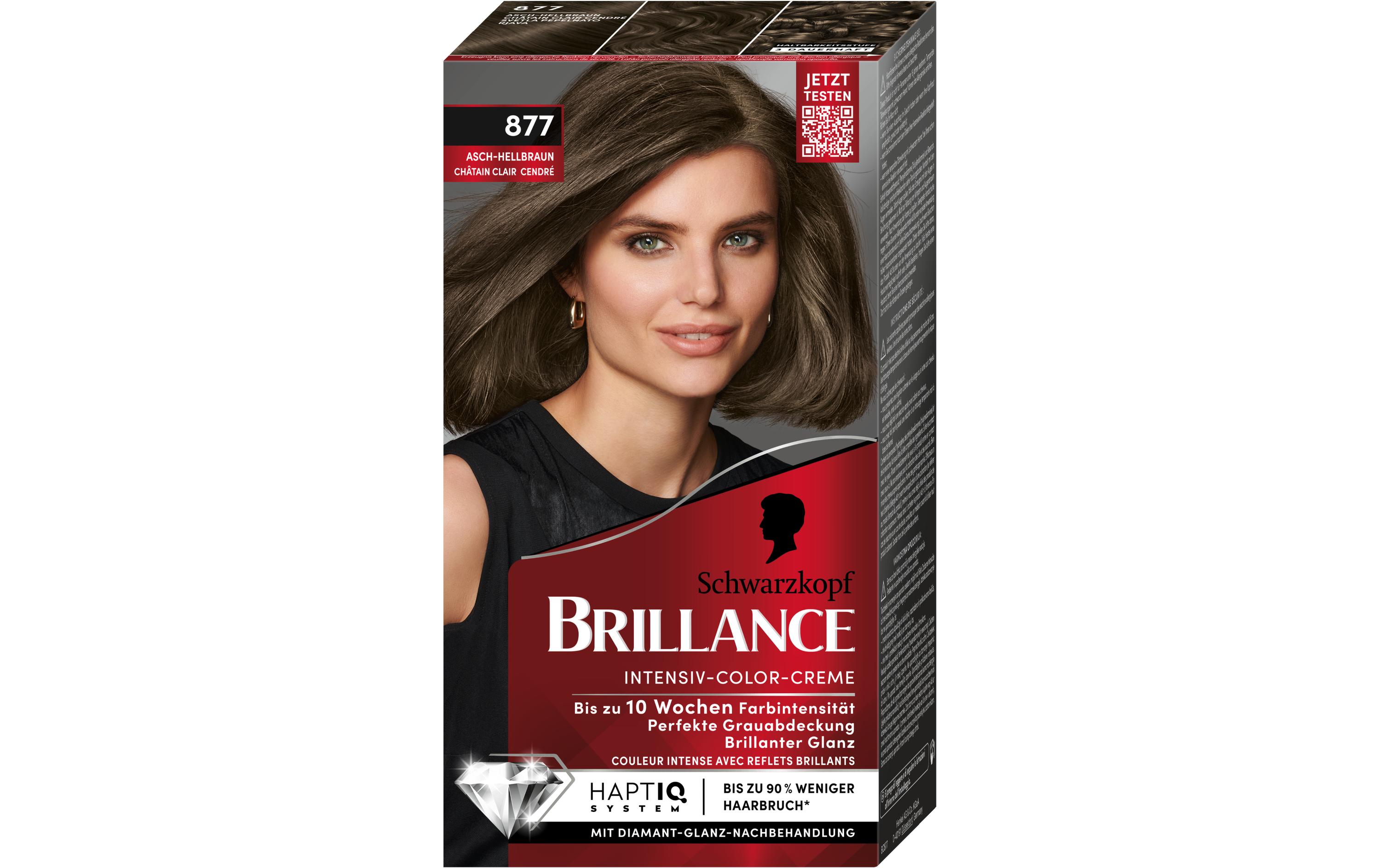 Haarcoloration Brillance 877 Asch-HellbraunPermanente Haarfarbe verleiht langanhaltende Farbintensität