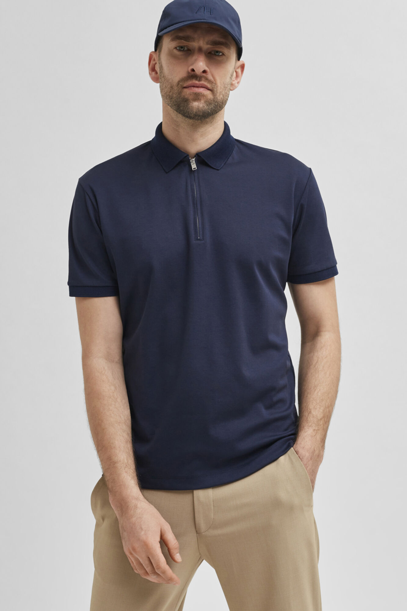 Camisa polo com zíper em algodão orgânico - Cinza escuro