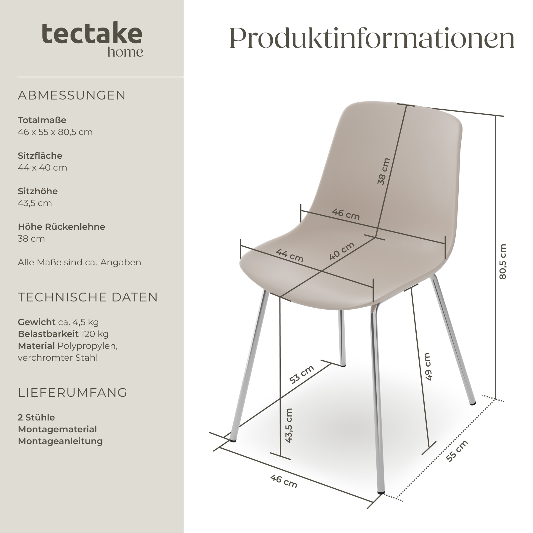tectake® Kunststoffstuhl, große Kunststoffschale, schlanke Stahlbeine, 46 x 55 x 80,5 cm
