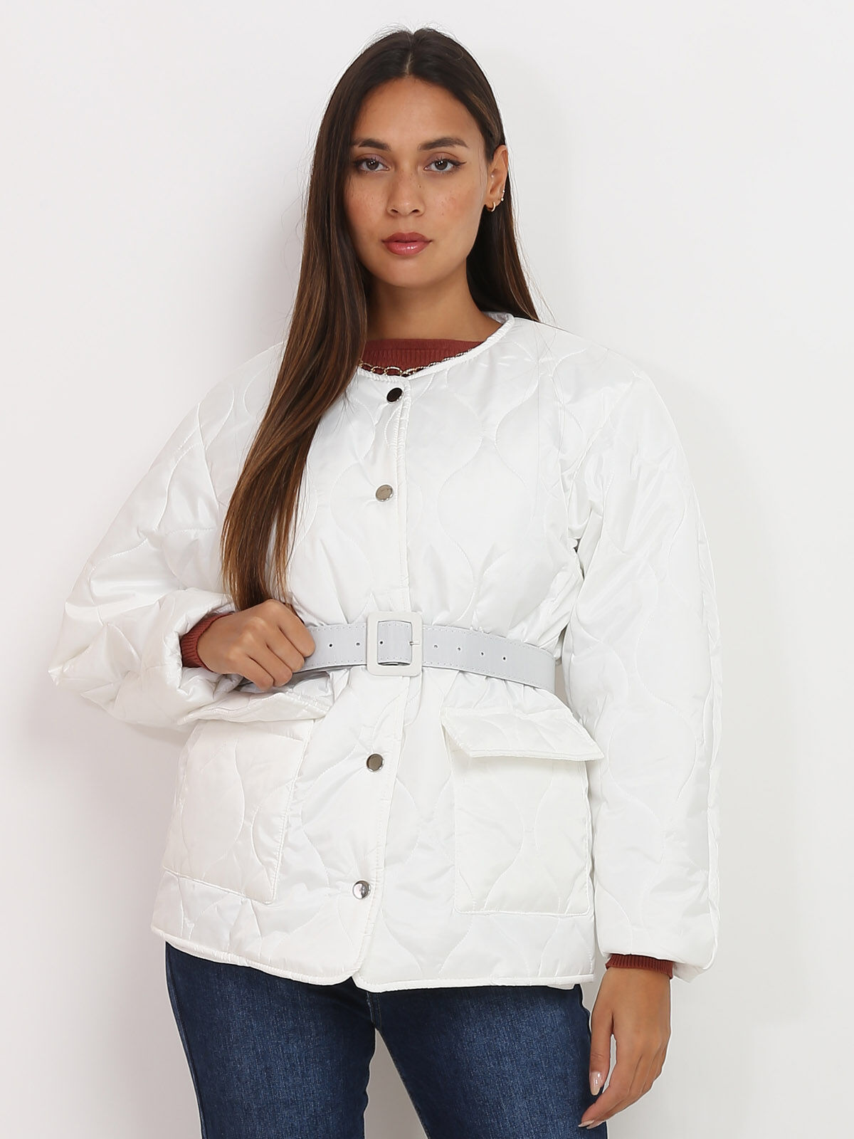 Veste matelassée ceinturée- Blanc