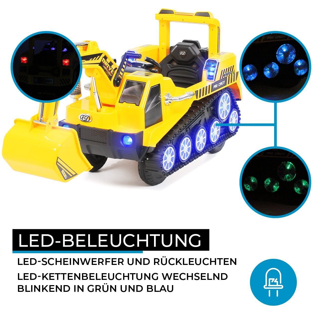 Escavadeira elétrica infantil Actionbikes Motors D2811 - inclui controle remoto e freio automático, capacidade de carga de 30 kg (3 peças), brinquedo elétrico infantil a partir de 3 anos - módulo de som - LED