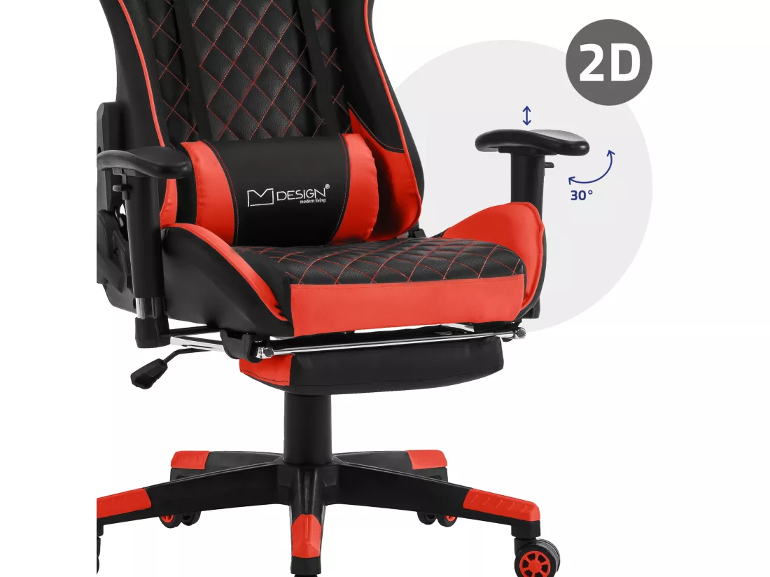 Chaise gamer avec repose-pieds extensible 2D Accoudoirs Noir/Rouge en similicuir ML-Design