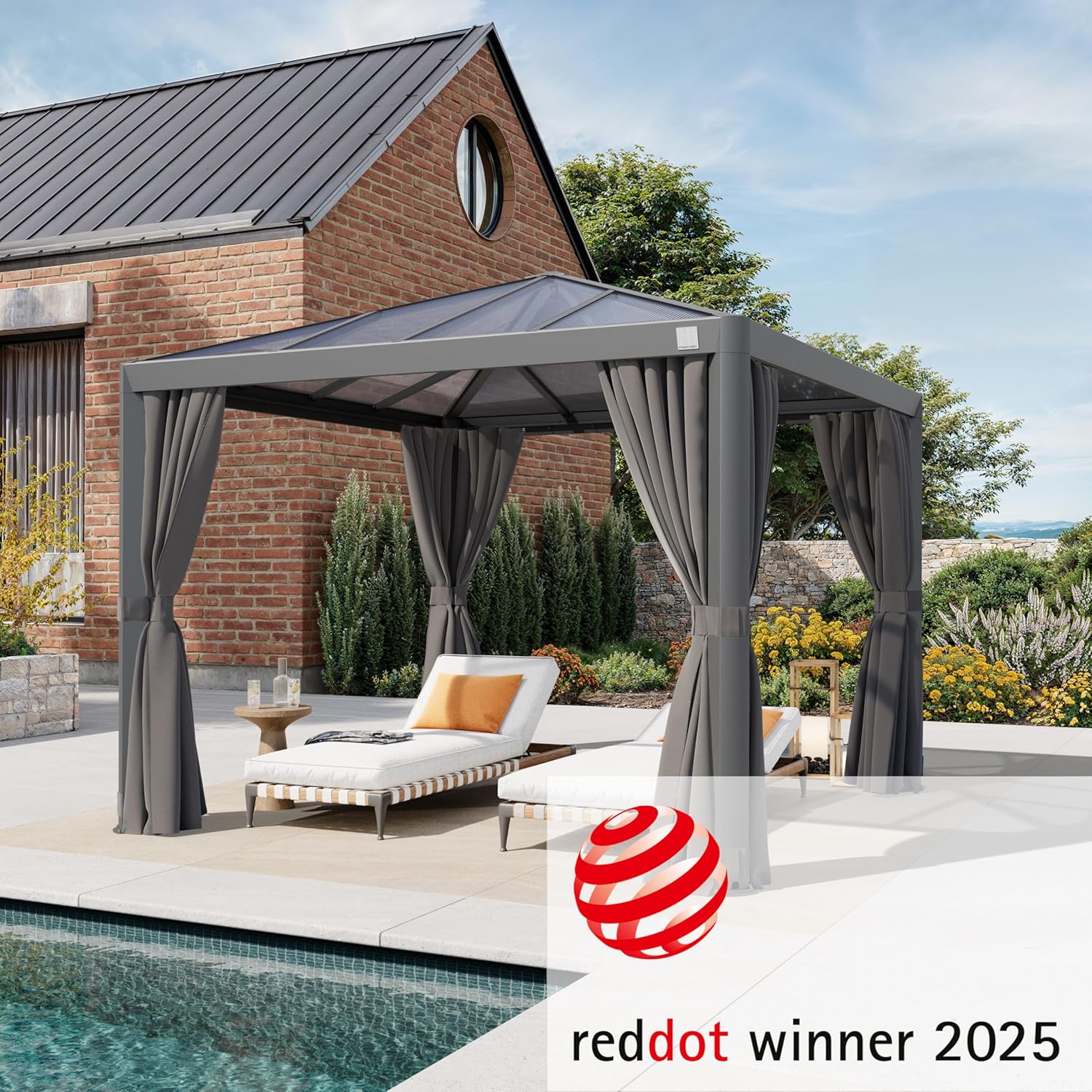 PRIMEYARD Gartenpavillon 3x3 m mit Polycarbonatdach - Hardtop Pavillon mit 4 Seitenteilen in Grau