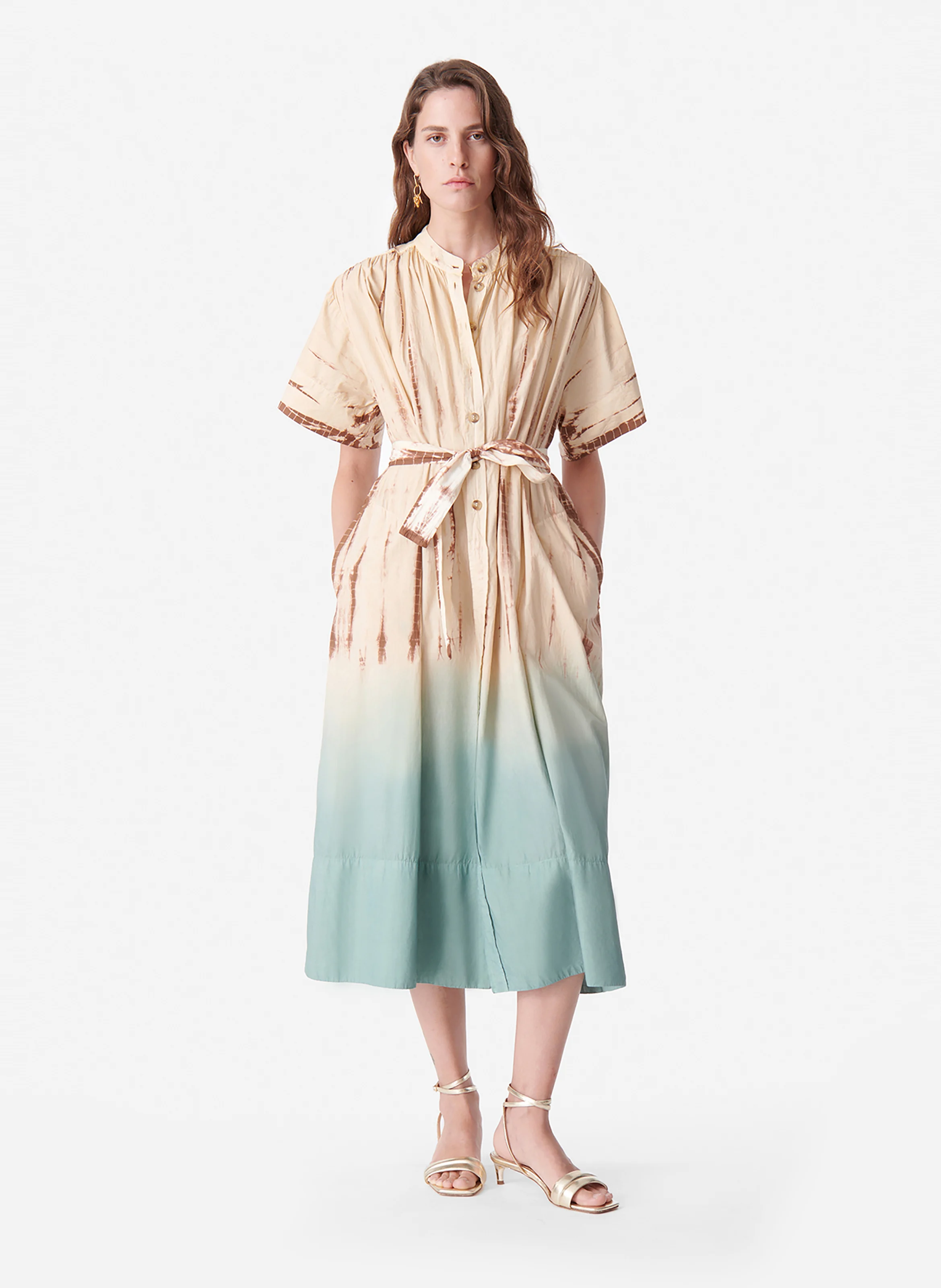 CIAO - Robe longue col mao en coton | Vert