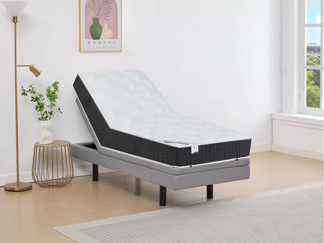 Lit électrique de relaxation déco + matelas ressorts ensachés et mémoire de forme - 90 x 200 cm - Tissu - Gris - RIZALI de YSMÉE