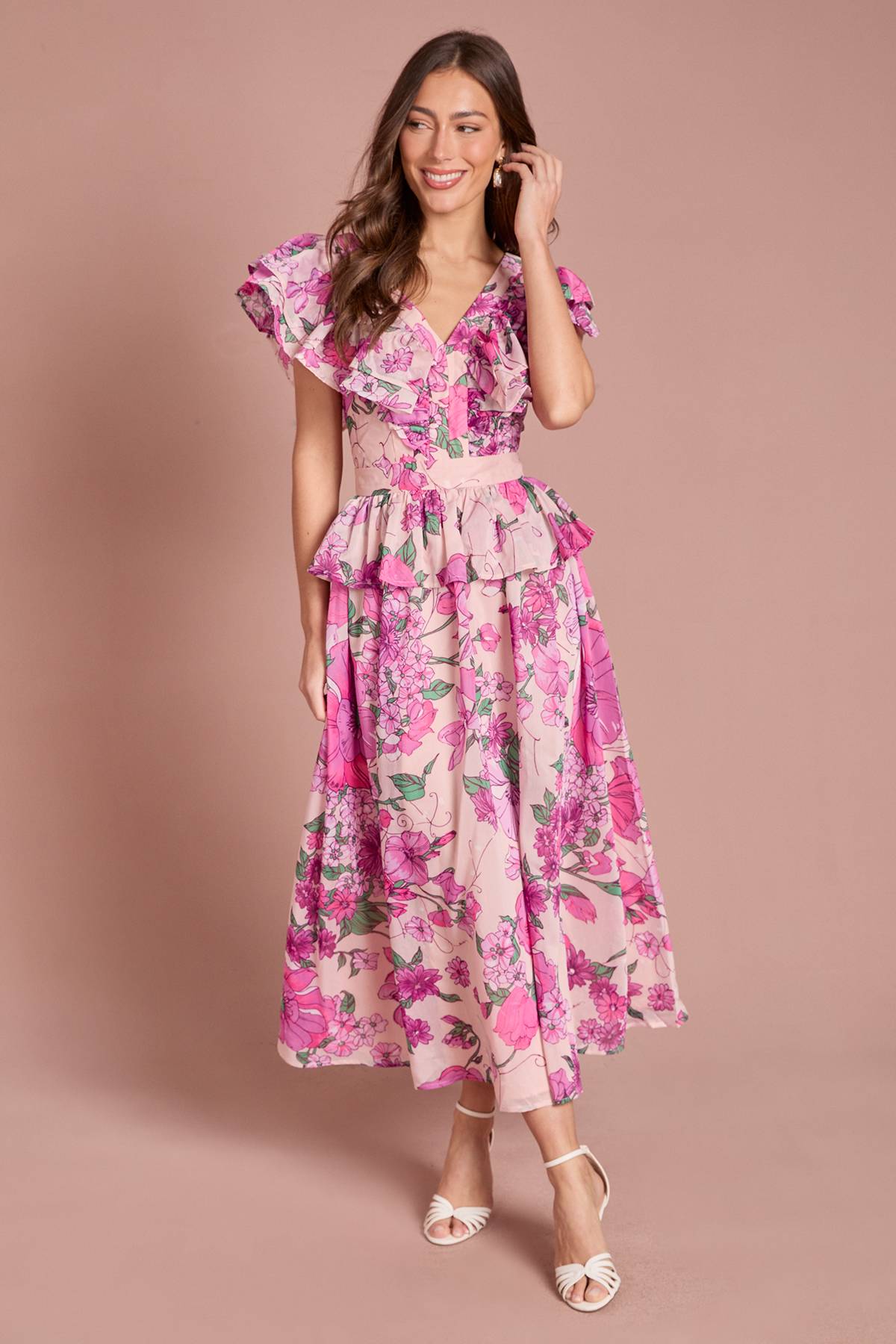Coast Robe Midi Imprimée À Volants En Organza Et Col En V
