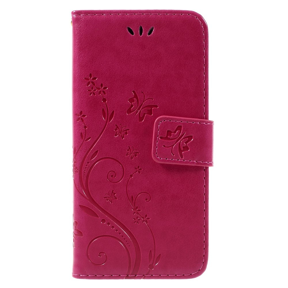 iPhone SE (2022/2020) / 8 / 7 Leder Tasche mit Kartenfach   Handschlaufe Butterfly Flowers - Pink
