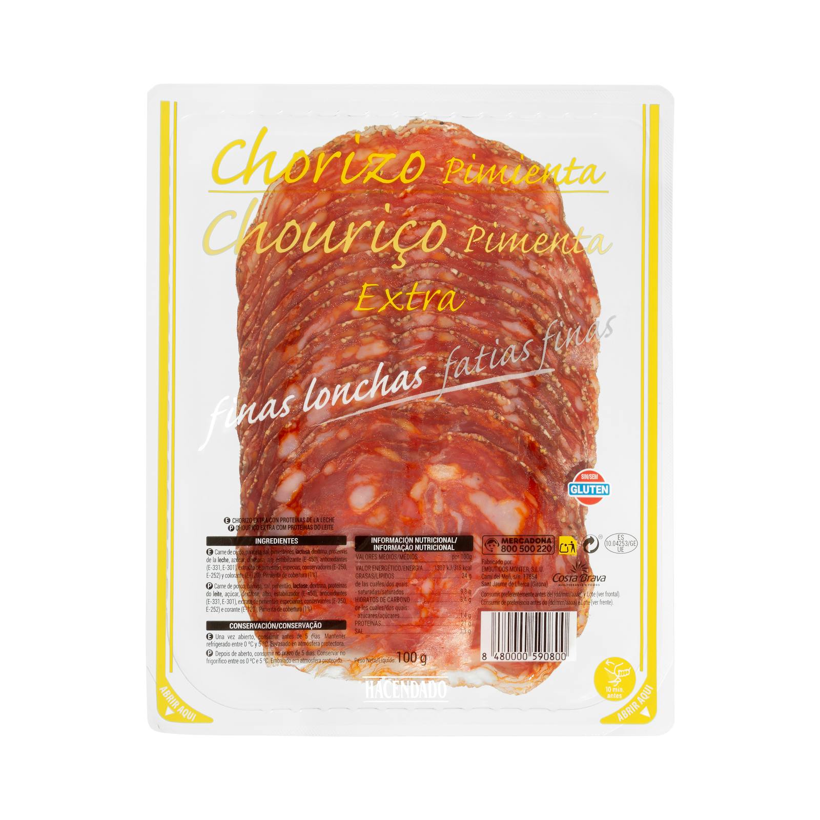 Chorizo extra poivré Hacendado, fines tranches