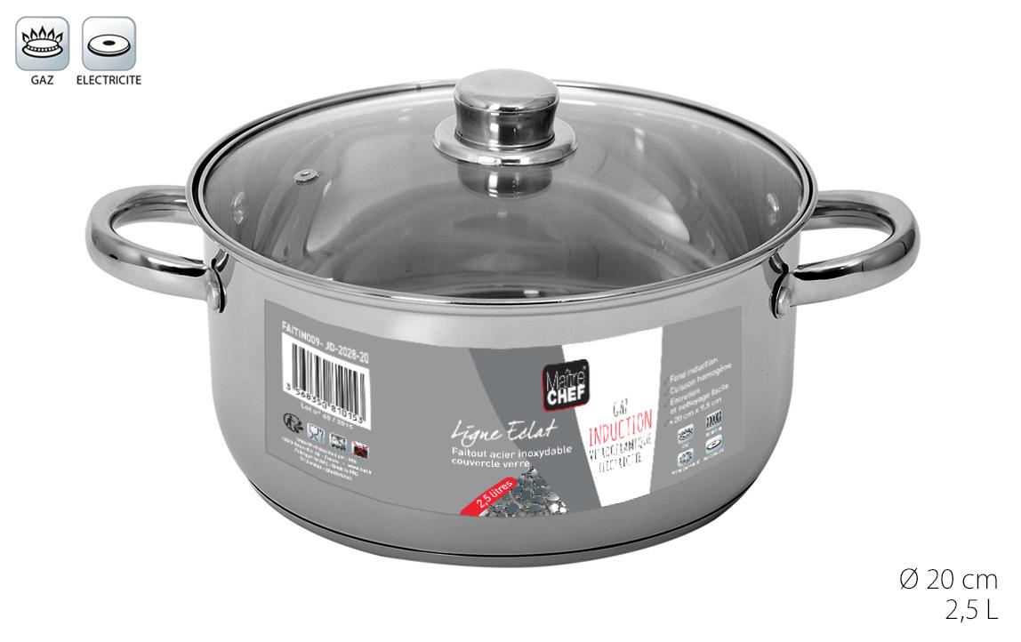 FAITOUT INOX AVEC COUVERCLE VERRE 20CM 2.5L