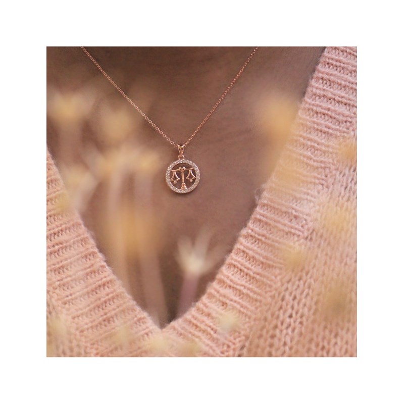 Pendentif Zodiaque Balance - Or Rosé et Cristal